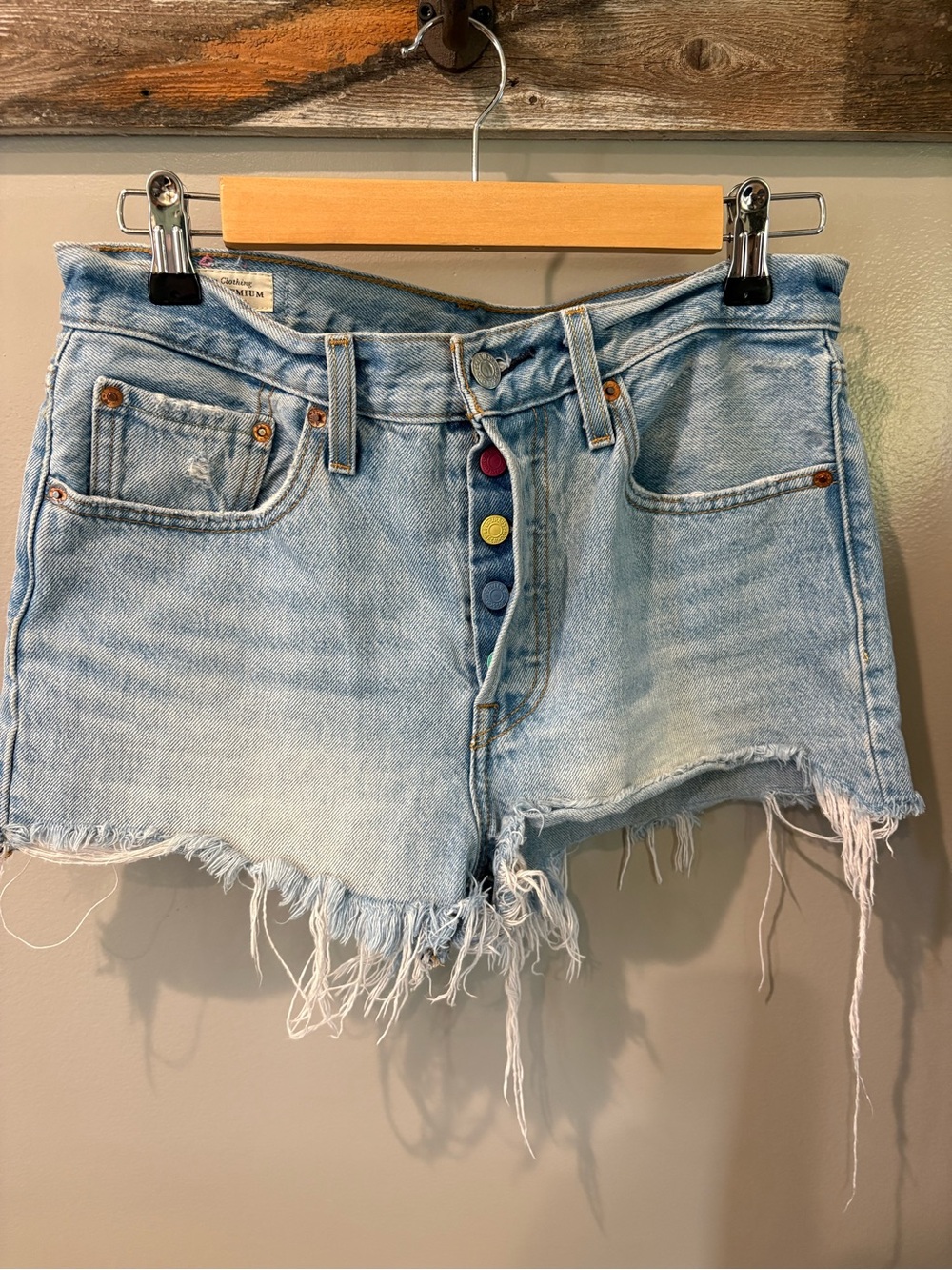 Light Blue Frayed Levi’s 501 Denim Cut Off Shorts with Colorful Buttons